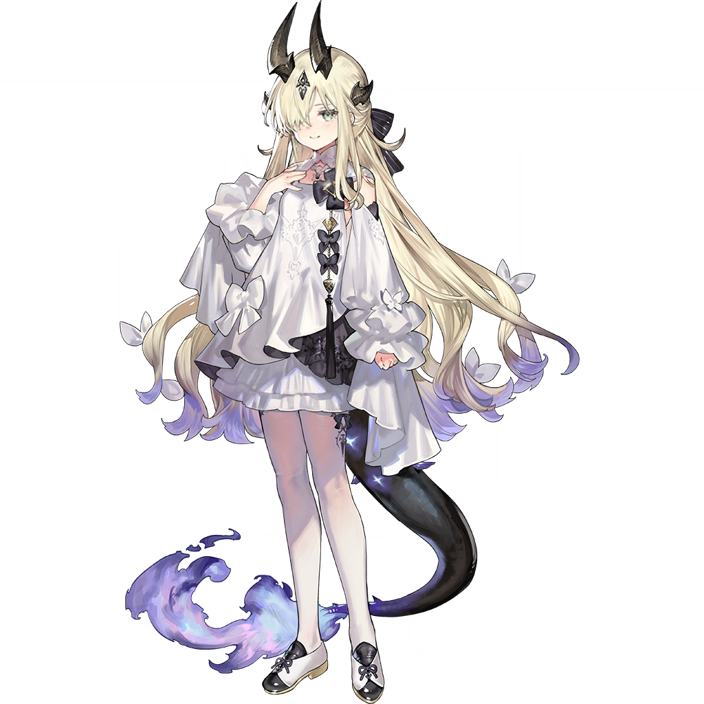 starshadowmagician, necrass (arknights), necrass (young) (arknights), arknights, commentary, english commentary, official art, third-party source, 1girl, aged down, black bow, blonde hair, blue eyes, blue fire, bow, closed mouth, dragon girl, dragon horns, dragon tail, dress, fire, flame-tipped tail, gradient hair, hair bow, hair over one eye, hair ribbon, hand up, horns, long hair, long sleeves, multicolored hair, puffy long sleeves, puffy sleeves, purple hair, ribbon, simple background, sleeves past wrists, smile, solo, striped bow, tachi-e, tail, very long hair, white background, white bow, white dress, white ribbon