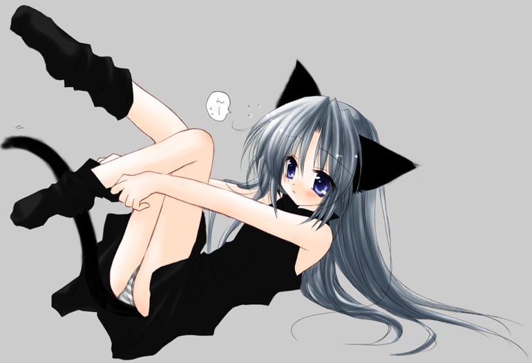 sakurazawa izumi, tobari (pure pure), pure pure, 1girl, animal ears, black dress, black hair, black panties, black socks, blue eyes, blush, cat ears, cat tail, dress, dressing, female focus, flat chest, long hair, panties, pantyshot, socks, solo, striped clothes, striped panties, tail, underwear