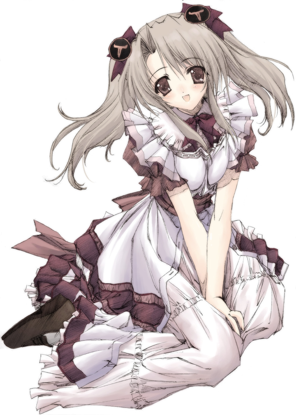 kimizuka aoi, longhorn, os-tan, silver hair, highres, third-party edit, 1girl, dress, female focus, hair ribbon, long hair, maid, pink eyes, ribbon, simple background, sitting, sketch, solo, twintails