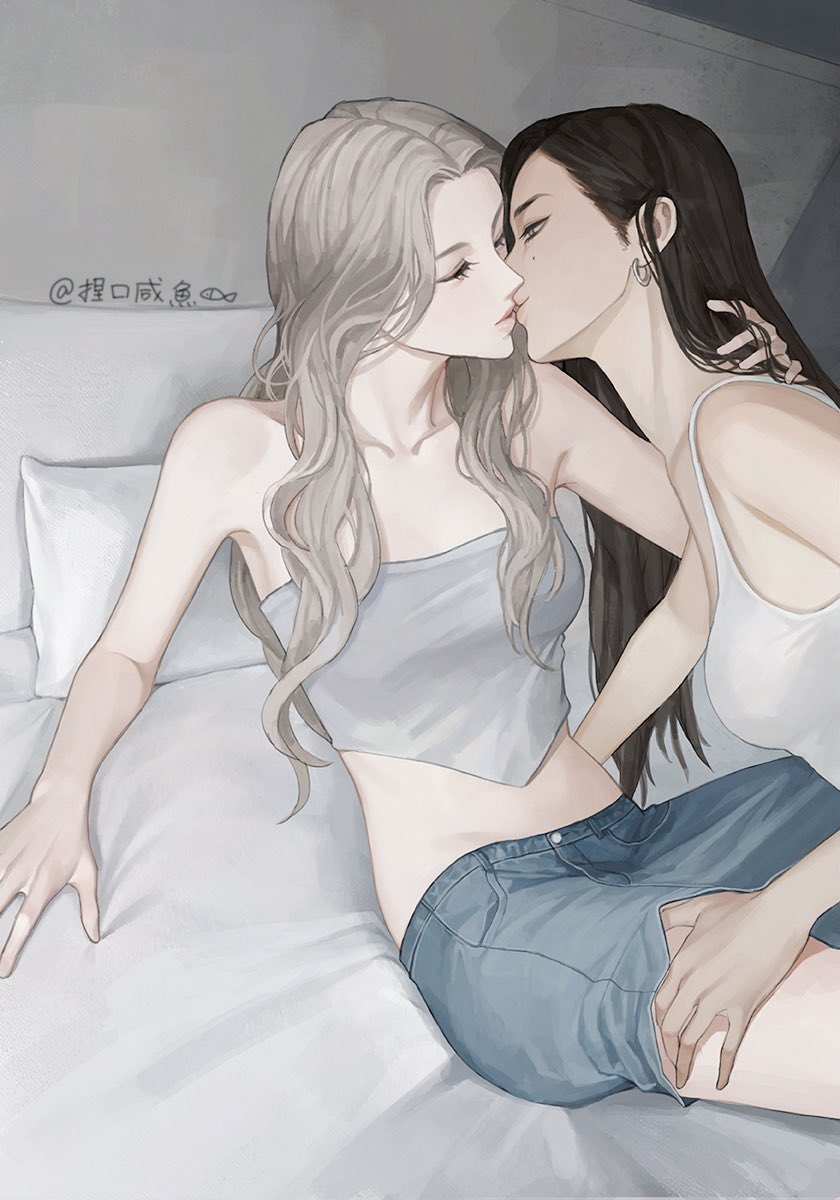 commentary, english commentary, highres, translation request, 2girls, bare arms, brown hair, closed eyes, collarbone, earrings, grey hair, grey skirt, half-closed eyes, holding own arm, imminent kiss, jewelry, long hair, mole, mole on cheek, multiple girls, niekoufish, on bed, only you (thai tv), parted lips, pillow, skirt, strapless, tank top, tube top, white tank top, white tube top, yuri