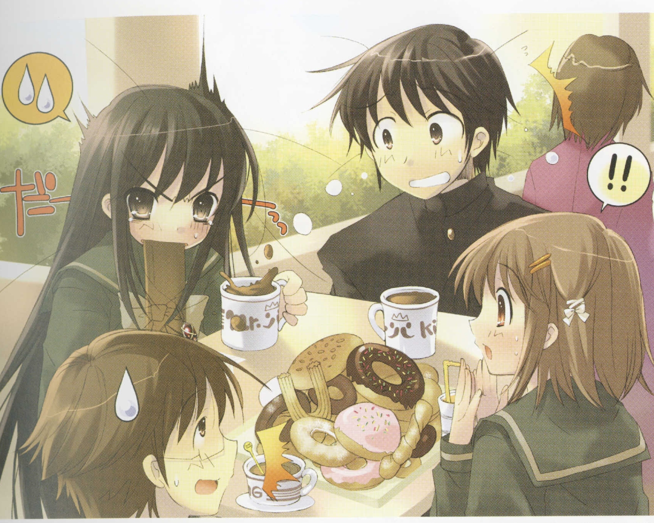 ito noizi, alastor (shakugan no shana), sakai yuuji, shana, yoshida kazumi, shakugan no shana, scan, scan artifacts, 00s, 2boys, 2girls, ^^^, black hair, blush, bow, brown eyes, brown hair, cafe, coffee, cup, donut, eating, food, gakuran, glasses, hair ornament, hairclip, holding, jewelry, long hair, multiple boys, multiple girls, pendant, red eyes, school uniform, serafuku, short hair, sitting, spitting, sweat, sweatdrop, table, very long hair, yellow eyes