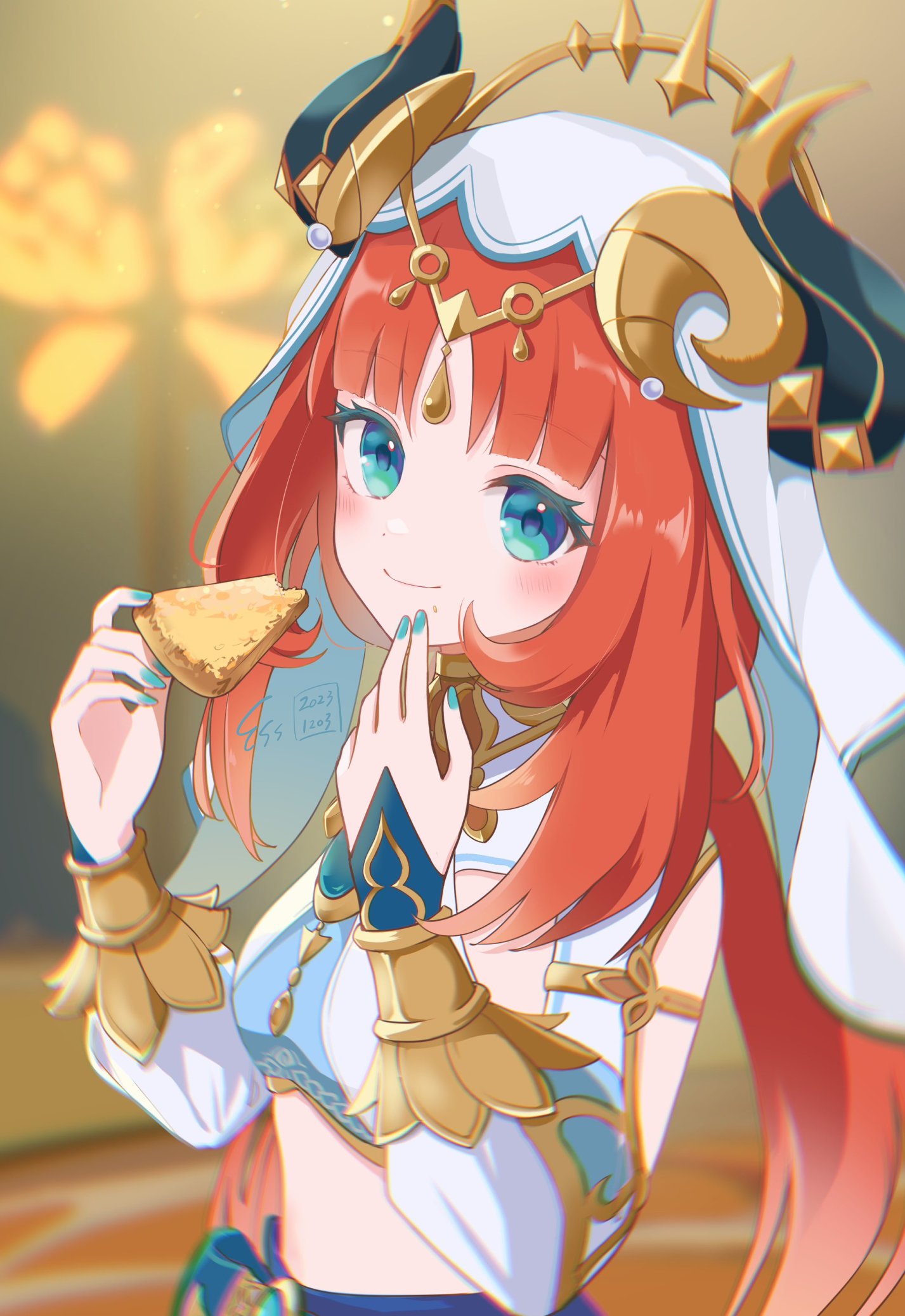 pinocle, nilou (genshin impact), genshin impact, commentary, highres, symbol-only commentary, 1girl, aqua eyes, aqua nails, black horns, blue skirt, blurry, blurry background, blush, closed mouth, crop top, eating, fake horns, gold trim, harem outfit, horns, long hair, long sleeves, low twintails, midriff, puffy long sleeves, puffy sleeves, red hair, skirt, solo, twintails, upper body, veil, white veil