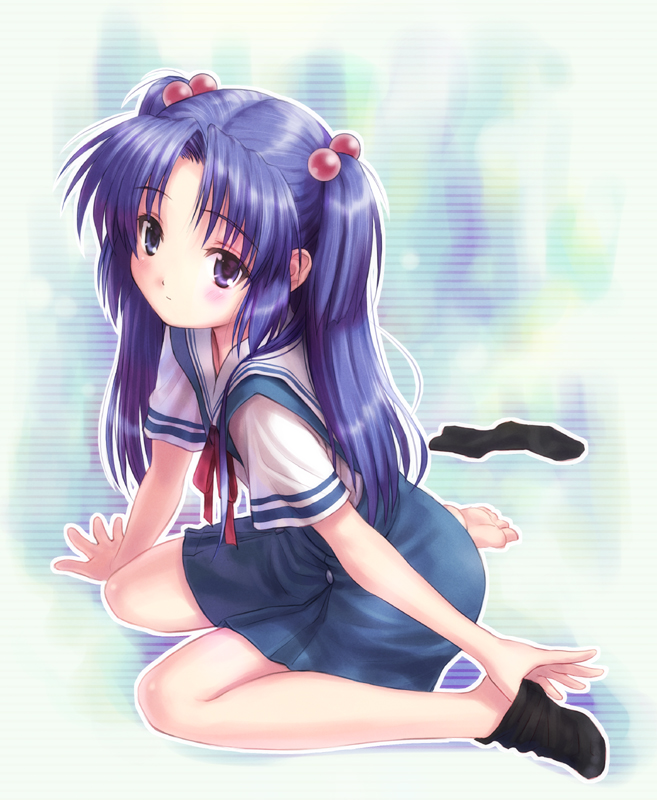 goto p, ichinose kotomi, clannad, duplicate, 00s, 1girl, arm support, black socks, blue hair, female focus, grey eyes, hair bobbles, hair ornament, long hair, school uniform, serafuku, single sock, sitting, sock pull, socks, solo, twintails, two side up, wariza