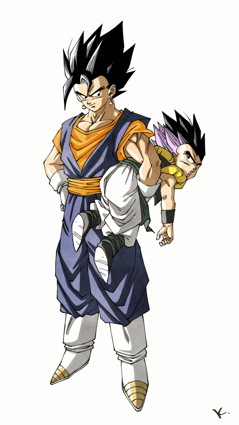 kakeru (dbskakeru), gotenks, vegetto, dragon ball, dragonball z, highres, black eyes, black hair, black sash, black vest, blue pants, blue shirt, boots, dougi, earrings, father and son, gloves, grey background, jewelry, male focus, metamoran vest, multicolored hair, muscular, muscular male, official alternate color, orange sash, orange shirt, pants, potara earrings, purple hair, sash, shirt, simple background, spiked hair, two-tone hair, vest, white boots, white gloves, white pants