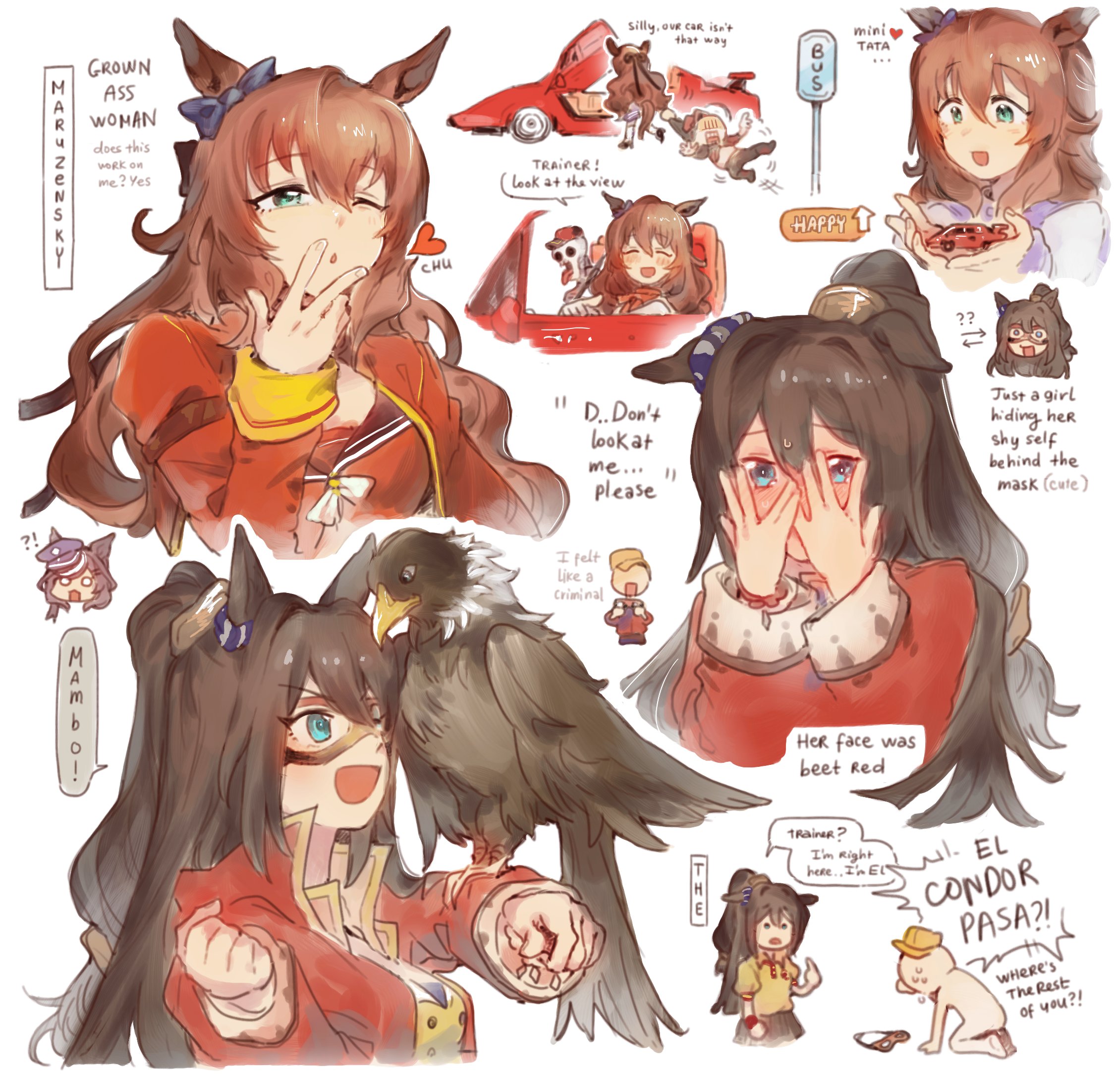 hiru315, el condor pasa (umamusume), maruzensky (umamusume), trainer (umamusume), umamusume, highres, 1boy, 2girls, animal ears, animal on arm, bird, bird on arm, black sailor collar, black skirt, blue bow, blush, bow, brown hair, car, covering face, ear bow, embarrassed, eye mask, green eyes, hair between eyes, hat, horse ears, horse girl, jacket, long hair, motor vehicle, multiple girls, ponytail, red jacket, red shirt, sailor collar, shirt, sidelocks, skeleton, skirt, vest, yawning, yellow hat, yellow shirt, yellow vest