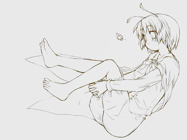 ozaki, salamander (hop-step), wriggle nightbug, touhou, 1girl, antennae, barefoot, bug, capelet, feet, female focus, firefly, greyscale, insect, monochrome, pants, short hair, simple background, smile, solo, white background