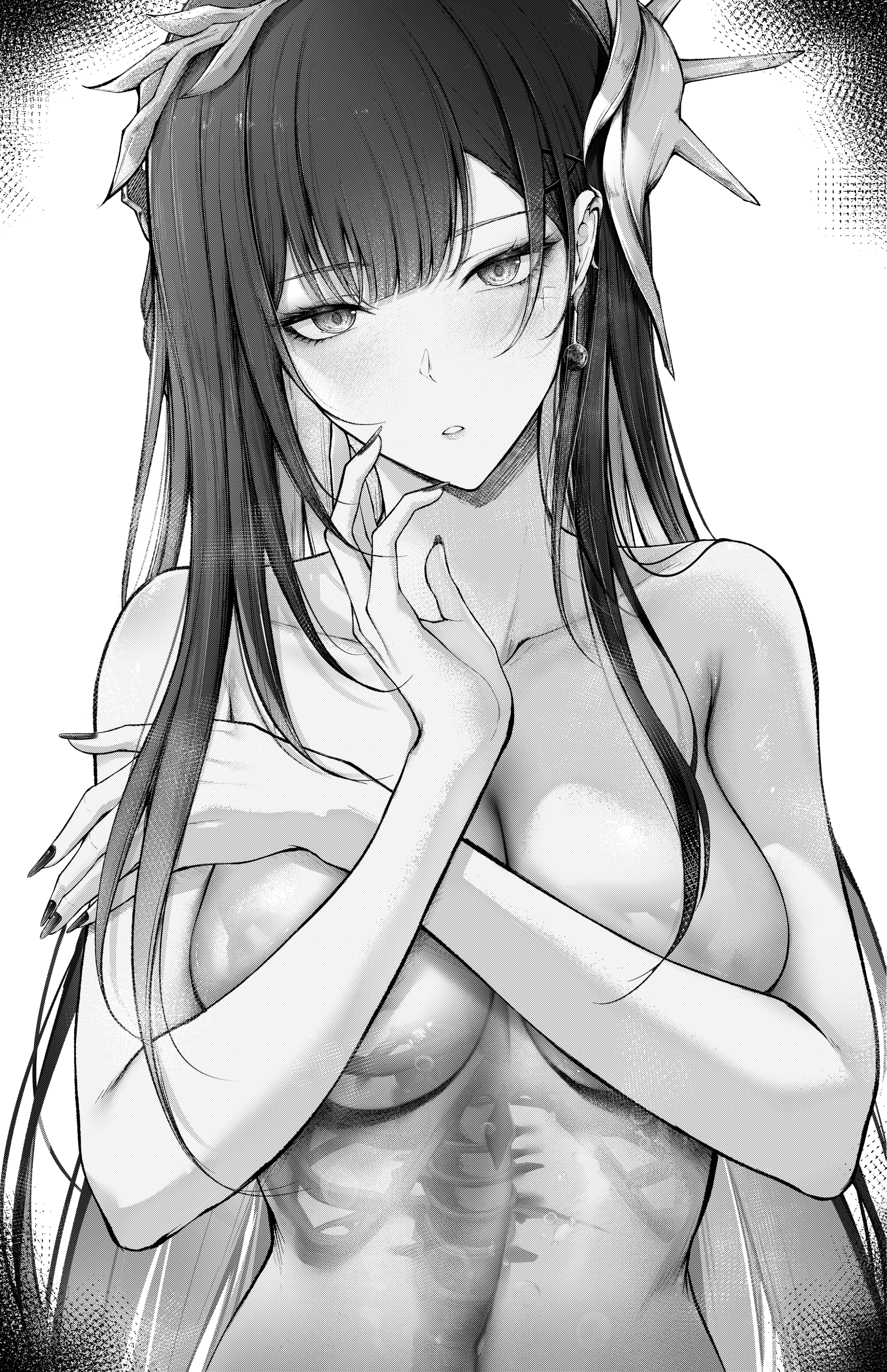 aisutei, hysilens (honkai: star rail), honkai: star rail, honkai (series), absurdres, commentary request, highres, partial commentary, 1girl, blush, breasts, collarbone, colored inner hair, covering nipples, covering privates, earclip, fingernails, greyscale, hair ornament, hand up, long fingernails, long hair, looking at viewer, medium breasts, monochrome, multicolored hair, navel, nude, parted lips, scales, see-through body, simple background, solo, upper body, very long hair, white background