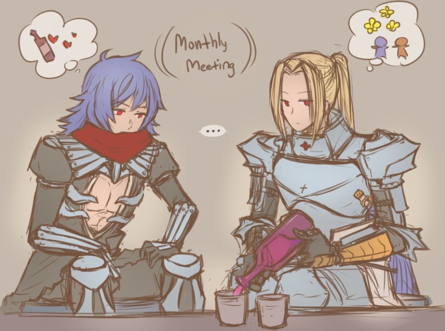 lilblkrose, assassin cross (ragnarok online), eremes guile, paladin (ragnarok online), ragnarok online, commentary, english commentary, …, 2boys, alcohol, armor, armored boots, black pants, black shirt, blue hair, boots, bottle, breastplate, brown hair, closed mouth, cowboy shot, cup, english text, expressionless, gauntlets, high ponytail, long hair, looking down, male focus, multiple boys, pants, pauldrons, ponytail, pouring, randel lawrence, red eyes, red scarf, scarf, shared speech bubble, shirt, shoulder armor, sitting, speech bubble, spoken ellipsis, vambraces, wine, wine bottle