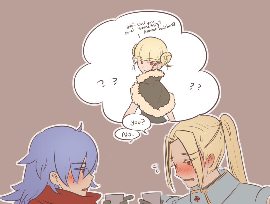 lilblkrose, assassin cross (ragnarok online), eremes guile, high wizard (ragnarok online), kathryne keyron, paladin (ragnarok online), ragnarok online, commentary, english commentary, 1girl, 2boys, ?, blonde hair, blue hair, brown background, cross, curtained hair, drunk, english text, high ponytail, long hair, looking at another, multiple boys, open mouth, ponytail, randel lawrence, red eyes, red scarf, scarf, simple background, upper body