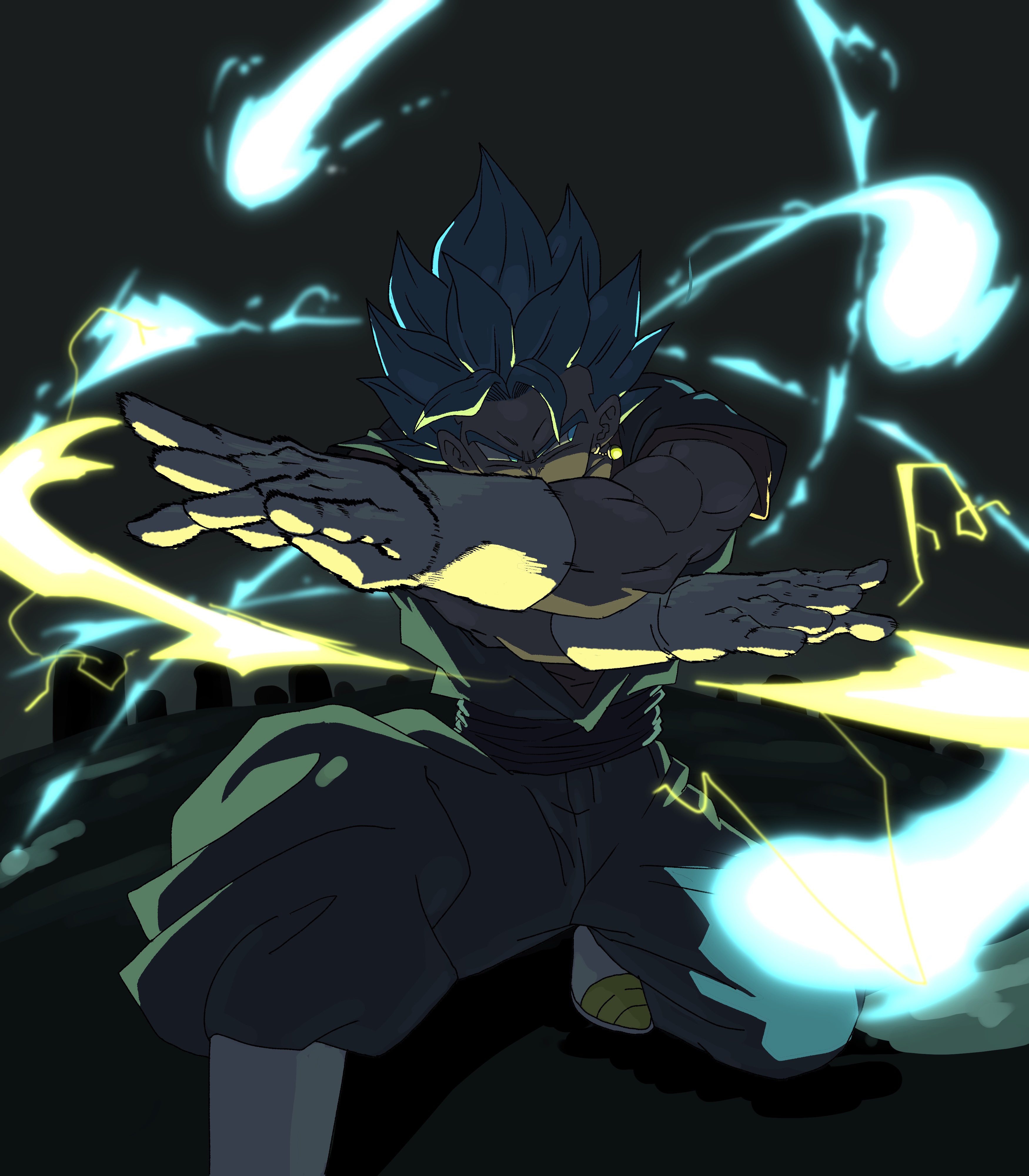 kazumax76, vegetto, dragon ball, dragon ball super, absurdres, highres, 1boy, arm blade, blue eyes, blue hair, blue pants, blue shirt, boots, dark, dark background, dougi, energy ball, energy sword, gloves, male focus, pants, shirt, smear frame, solo, spiked hair, super saiyan, super saiyan blue, sword, weapon, white boots, white gloves