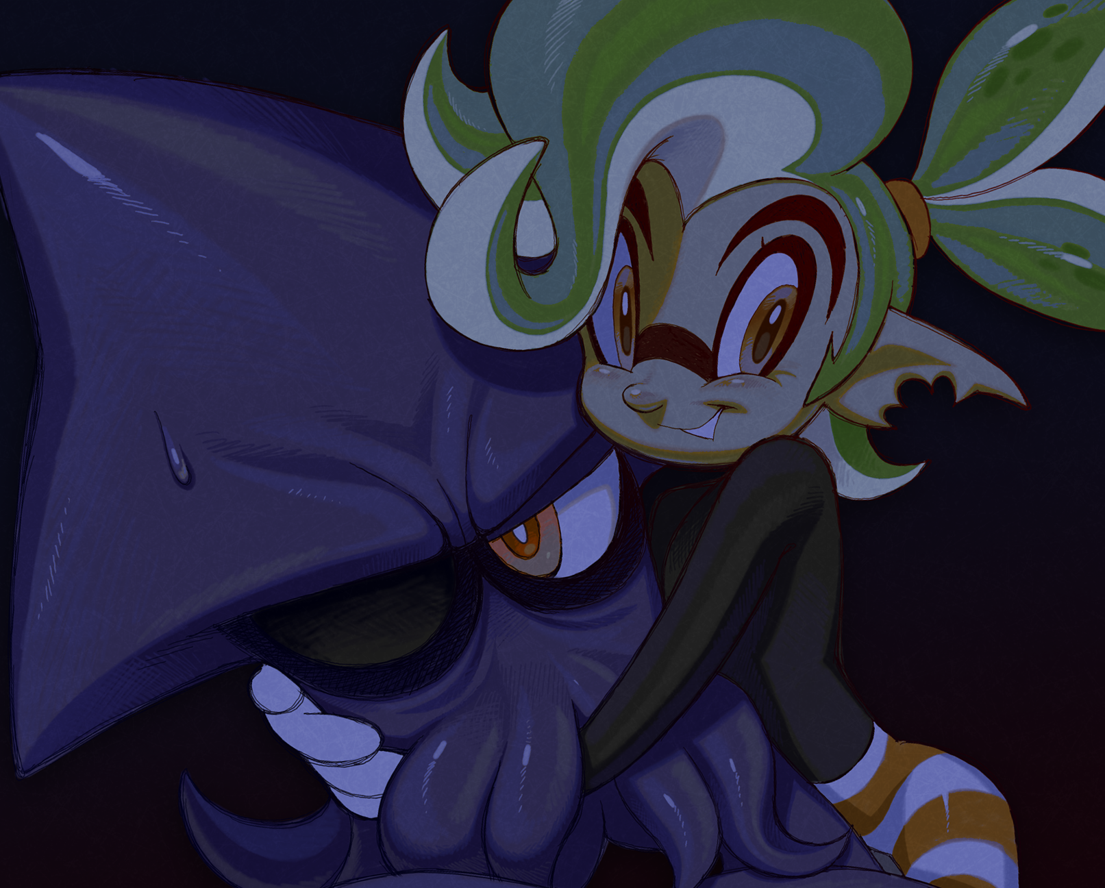 roachgore, vonnie aurita, nintendo, original, splatoon (series), splatoon 3, highres, 1960s (style), deformed, faux retro artstyle, green hair, inkling, lukas verallina, male focus, oldschool, pointy ears, retro artstyle, smile, squid, sweat, tentacle hair, thick eyebrows