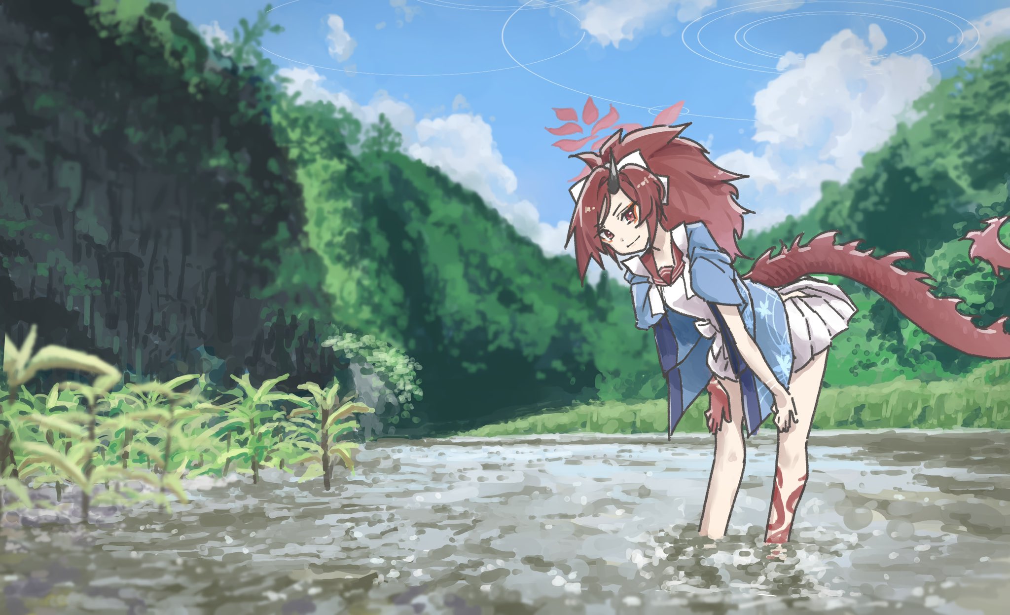 renge (blue archive), blue archive, highres, 1girl, bent over, blue haori, desuyone0502, dragon girl, dragon horns, dragon tail, forest, halo, haori, horns, japanese clothes, long hair, looking at viewer, nature, plant, ponytail, red eyes, red hair, red halo, red sailor collar, sailor collar, shirt, single horn, skirt, solo, stream, tail, white shirt, white skirt