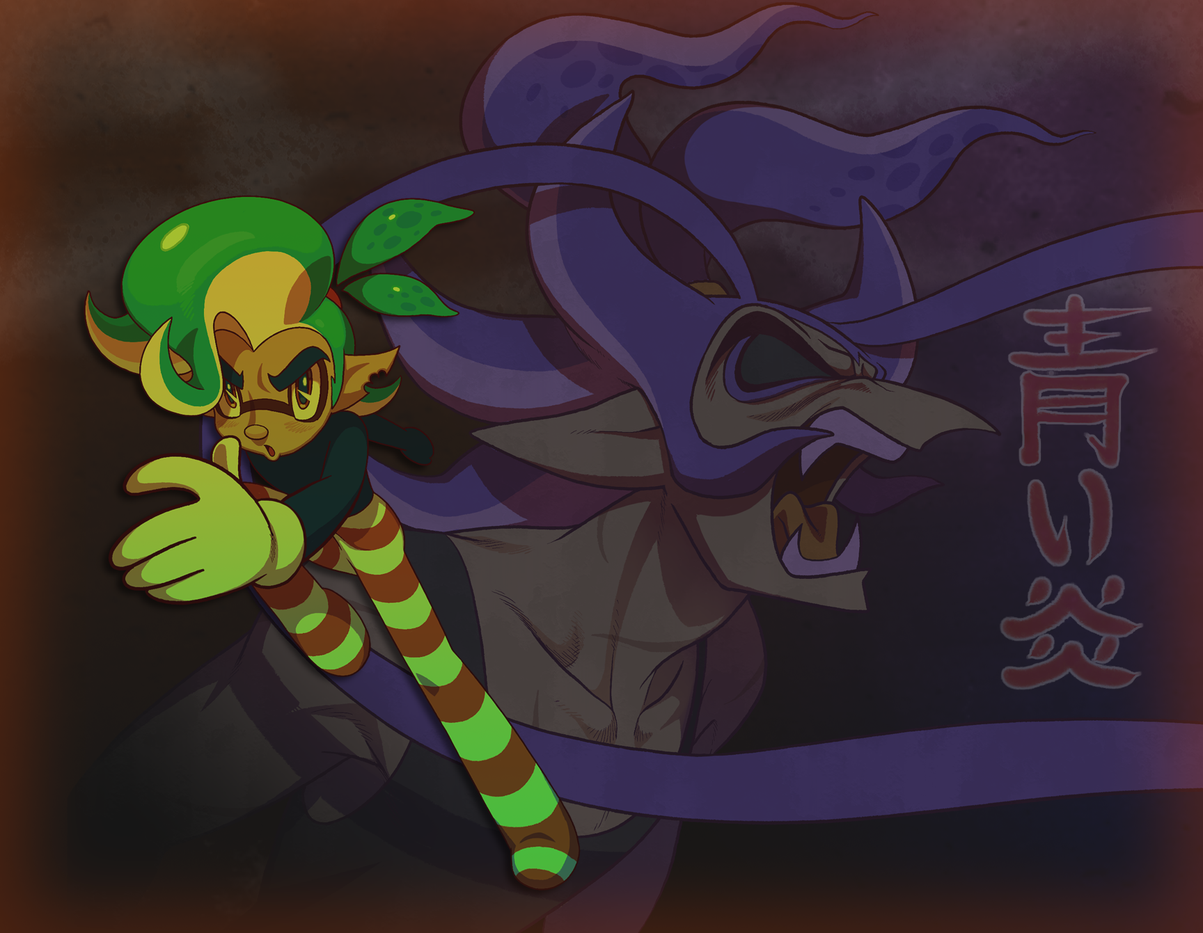 roachgore, vonnie aurita, nintendo, original, splatoon (series), splatoon 3, highres, 1960s (style), deformed, fang, faux retro artstyle, gloves, green hair, inkling, lukas verallina, male focus, oldschool, open mouth, pointy ears, pointy nose, ponytail, retro artstyle, teeth, tentacle hair, thick eyebrows