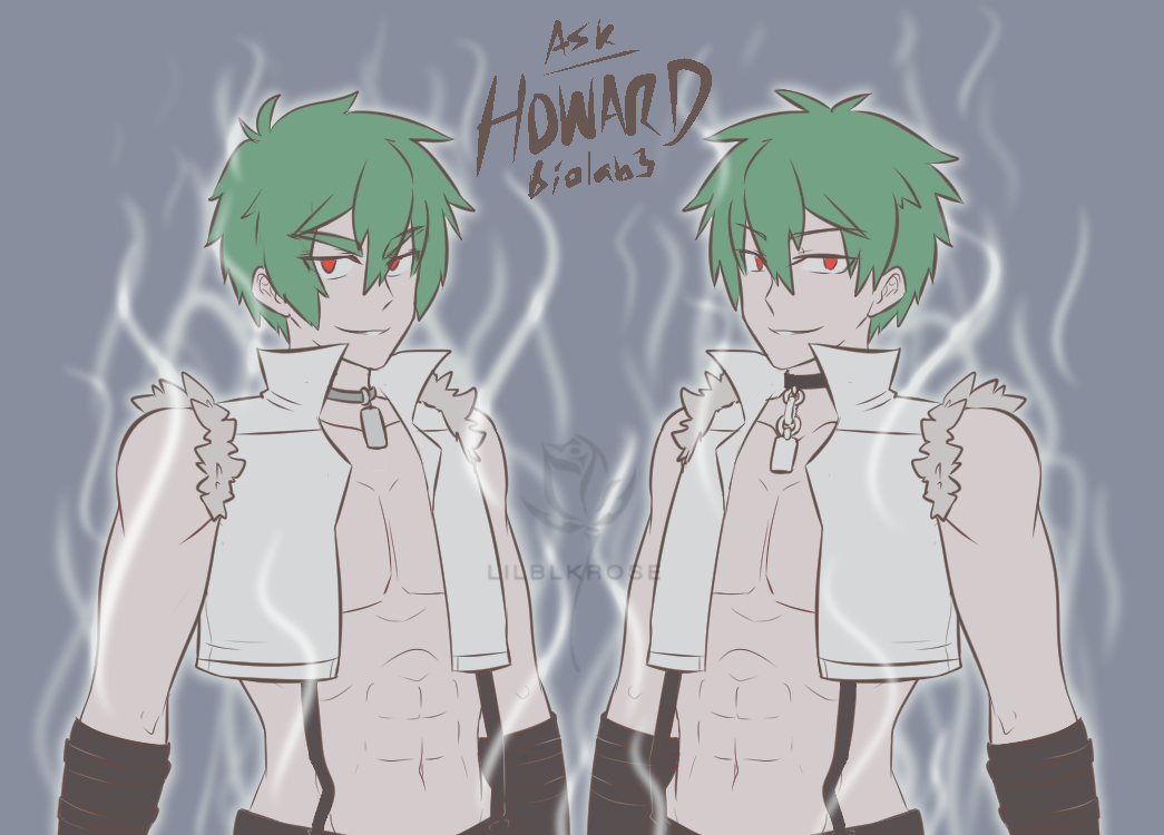 lilblkrose, whitesmith (ragnarok online), ragnarok online, 2boys, abs, aura, bio lab, black choker, black gloves, character name, choker, clone, crop top, dual persona, fur-trimmed shirt, fur trim, gloves, green hair, grey background, hair between eyes, howard alt-eisen, looking at viewer, male focus, multiple boys, navel, open clothes, open mouth, open shirt, red eyes, shirt, short hair, sleeveless, sleeveless shirt, smile, suspenders, toned, toned male, upper body, white shirt