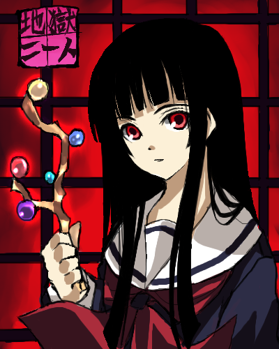 hamayumiba sou, enma ai, houraisan kaguya, noto mamiko, jigoku shoujo, touhou, lowres, 1girl, black hair, black serafuku, blunt bangs, branch, crossover, female focus, hime cut, jeweled branch of hourai, long hair, parody, red eyes, school uniform, serafuku, solo, upper body, voice actor connection