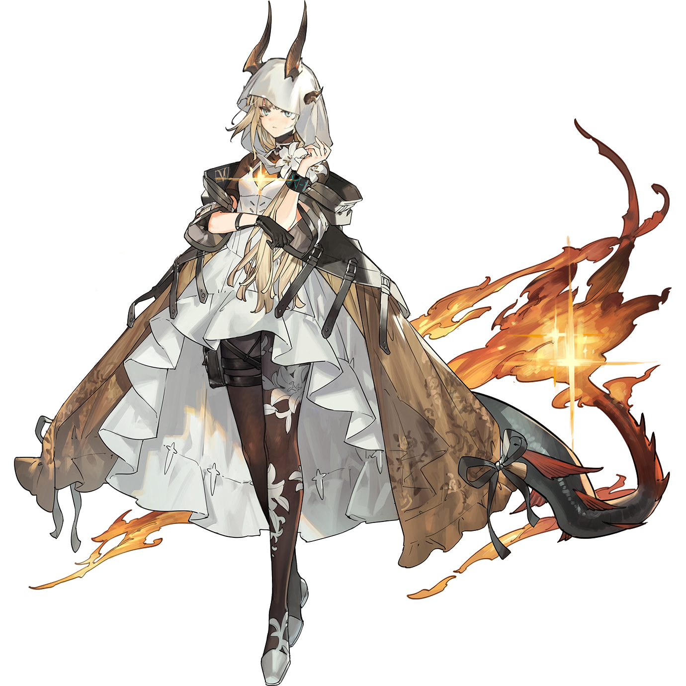 starshadowmagician, infection monitor (arknights), reed (arknights), reed the flame shadow (arknights), arknights, highres, official art, third-party source, 1girl, black gloves, black pantyhose, blonde hair, blue eyes, brown coat, coat, dragon girl, dragon horns, dragon tail, dress, fire, flame-tipped tail, flower, full body, glove garter, gloves, hair flower, hair ornament, high-low dress, hood, hood up, horns, legs together, lily (flower), long hair, pantyhose, shoes, simple background, single glove, solo, standing, tachi-e, tail, transparent background, white dress, white flower, white shoes