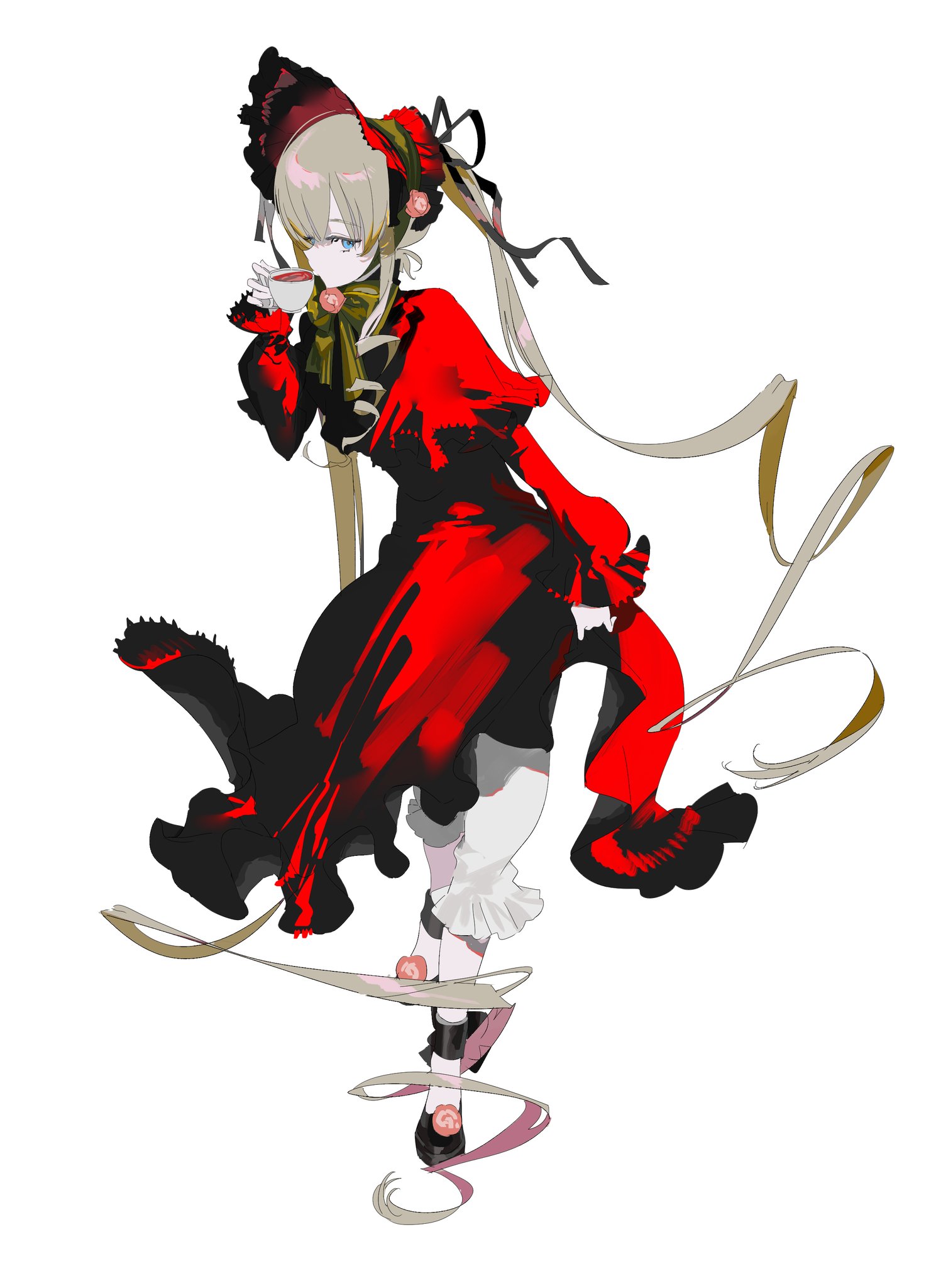solardark09, shinku, rozen maiden, highres, 1girl, black shoes, blonde hair, blue eyes, bonnet, capelet, cup, dress, drinking, frilled sleeves, frills, holding, holding cup, long hair, looking at viewer, red bonnet, red capelet, red dress, shoes, solo, teacup, very long hair