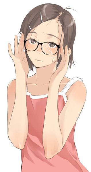 gafas, kamo (gafas), skye (lost in blue), lost in blue, original, 1girl, adjusting eyewear, bob cut, broken, broken eyewear, camisole, female focus, glasses, hair ornament, hairclip, solo, sweatdrop