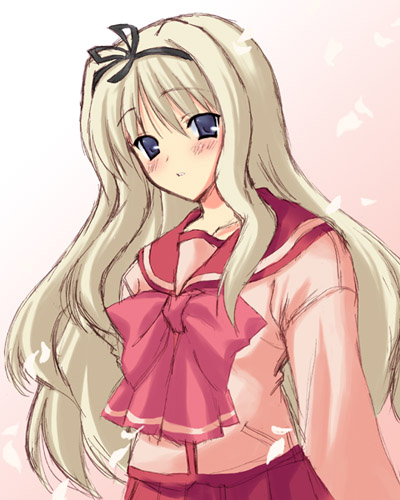 kyogoku shin, kusugawa sasara, to heart (series), to heart 2, lowres, 00s, 1girl, blonde hair, blue eyes, blush, bow, female focus, long hair, long sleeves, pink bow, ribbon, school uniform, serafuku, skirt, solo