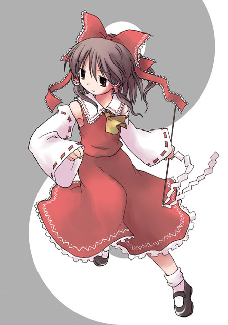 mizumoto tadashi, hakurei reimu, touhou, white legwear, 1girl, ascot, black background, bow, brown eyes, brown hair, detached sleeves, female focus, frilled skirt, frills, full body, gohei, hair bow, hair tubes, half updo, large bow, mary janes, running, shoes, sidelocks, skirt, skirt set, sleeves past wrists, solo, two-tone background, vest, white background, yin yang