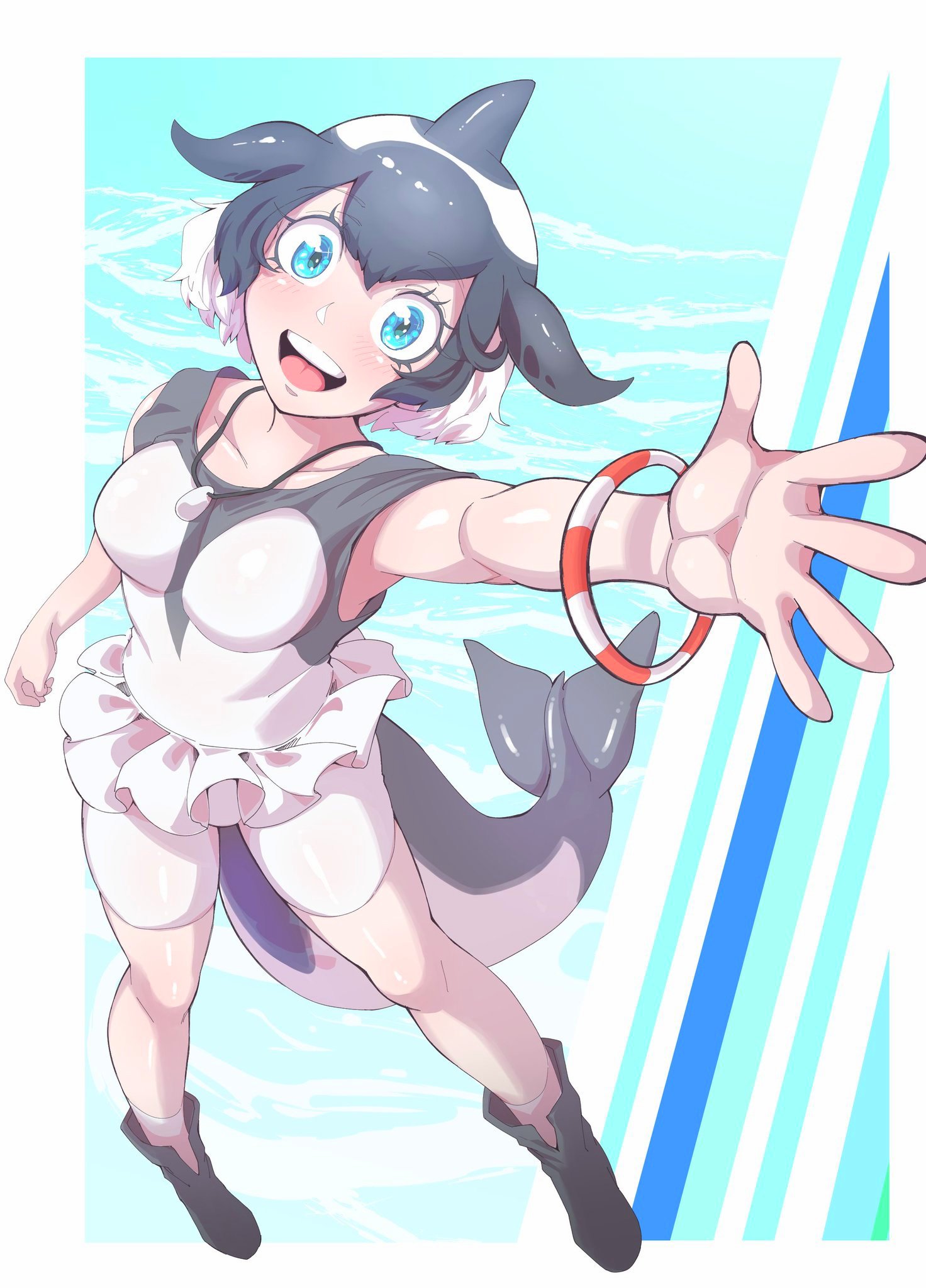 gm (ggommu), commerson's dolphin (kemono friends), kemono friends, highres, 1girl, bare shoulders, black boots, black hair, black one-piece swimsuit, blowhole, blue eyes, blush, boots, bracelet, cetacean tail, collarbone, dolphin girl, dorsal fin, fins, fish tail, frilled one-piece swimsuit, frills, full body, hair between eyes, head fins, jewelry, multicolored hair, necklace, one-piece swimsuit, open mouth, reaching, reaching towards viewer, shell, shell necklace, short hair, sidelocks, sleeveless, smile, solo, swimsuit, tail, two-tone hair, two-tone one-piece swimsuit, white hair, white one-piece swimsuit