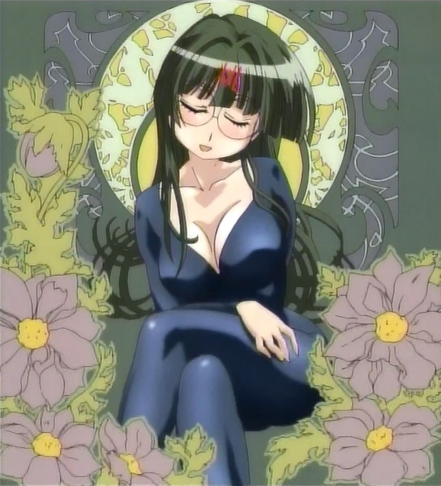 tachibana rei, pani poni dash!, anime screenshot, 00s, 1girl, blush, bodysuit, breasts, catsuit, cleavage, closed eyes, crossed legs, female focus, flower, glasses, green hair, long hair, sitting, solo