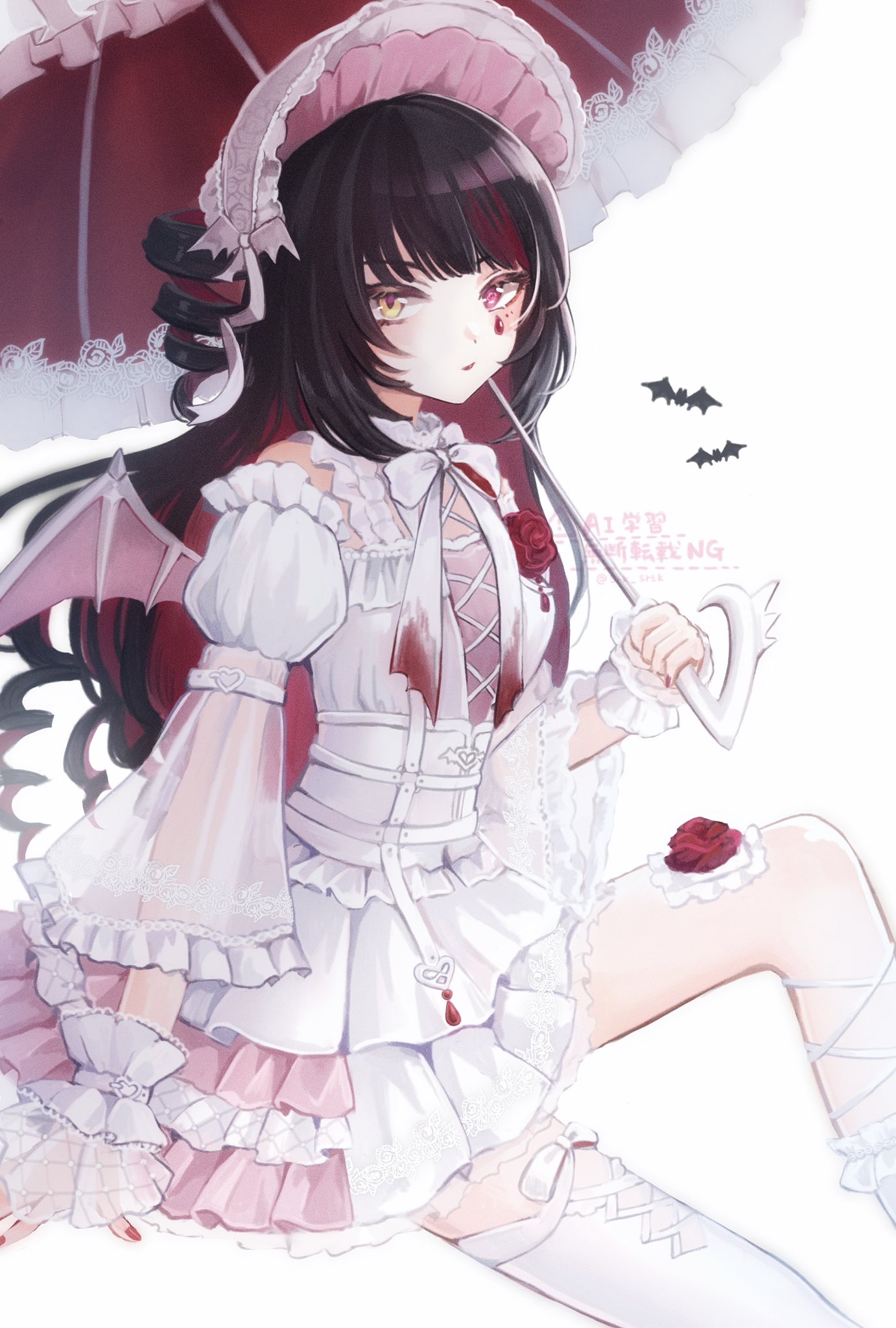 shirako (srk srtk), ikaruga luca, idolmaster, idolmaster shiny colors, idolmaster shiny colors song for prism, highres, 1girl, bat (animal), bat wings, black hair, closed mouth, colored inner hair, detached sleeves, dress, drill hair, flower, heterochromia, holding, holding umbrella, long hair, looking at viewer, multicolored hair, nail polish, official alternate costume, puffy detached sleeves, puffy sleeves, red eyes, red flower, red nails, red rose, red streaks, rose, simple background, sitting, solo, streaked hair, two-tone hair, umbrella, watermark, white background, white dress, wings, yellow eyes