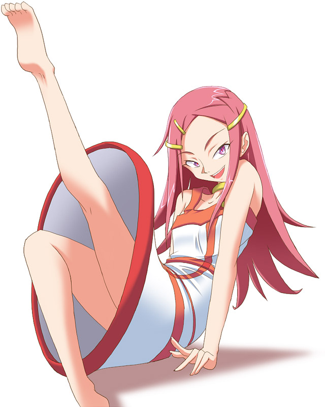 hirorin, nekono matatabi, anemone (eureka seven), eureka seven, eureka seven (series), 00s, 1girl, barefoot, collar, feet, female focus, hair ornament, hairclip, long hair, open mouth, pink eyes, pink hair, red hair, simple background, sitting, solo, teeth, white background
