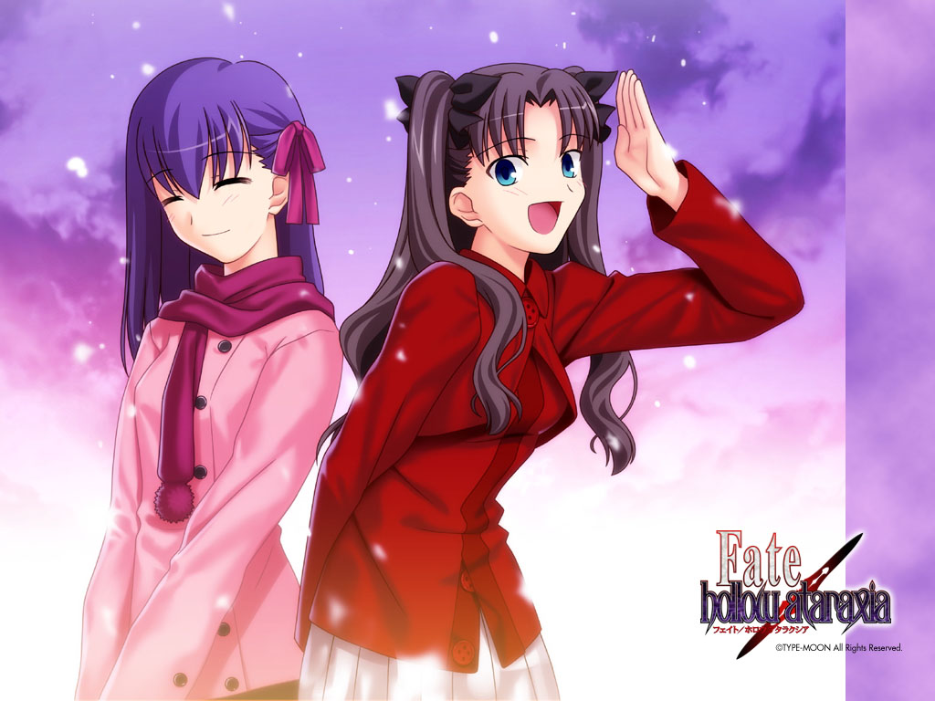 takeuchi takashi, matou sakura, tohsaka rin, fate/hollow ataraxia, fate/stay night, fate (series), black hair, blue eyes, long hair, purple hair, scarf, siblings, sisters, turtleneck, twintails