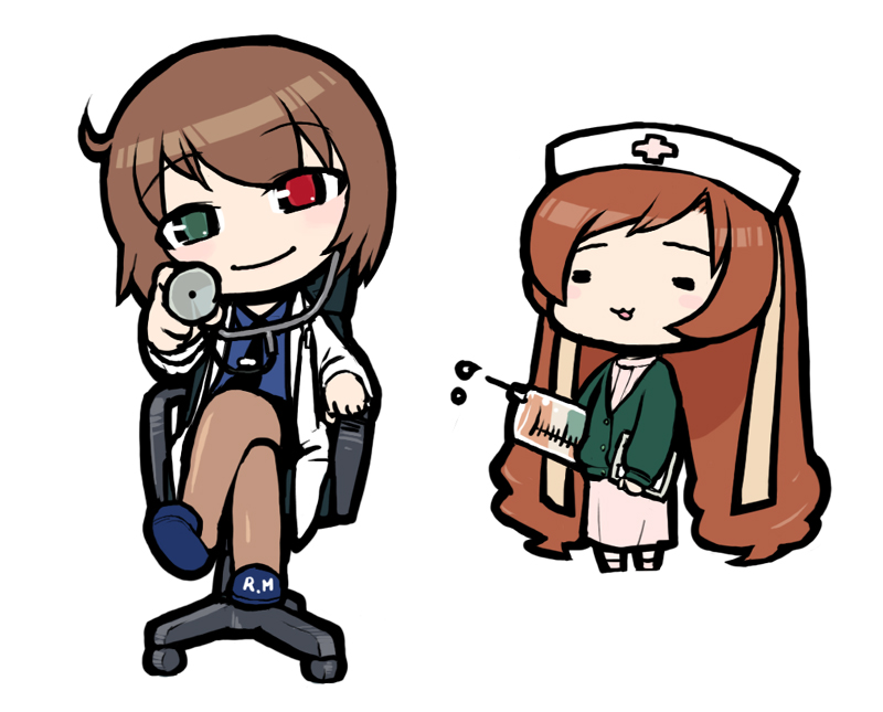 souseiseki, suiseiseki, rozen maiden, 00s, 2girls, chair, chibi, chibi only, doctor, heterochromia, long hair, multiple girls, nurse, office chair, pantyhose, short hair, siblings, simple background, sisters, swivel chair, twins, very long hair, white background