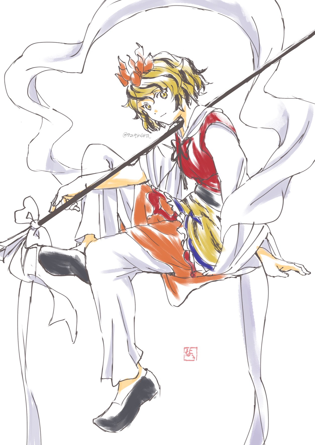 929mura, toramaru shou, touhou, highres, 1girl, black hair, blonde hair, full body, looking at viewer, short sleeves, sitting, solo, staff, white background