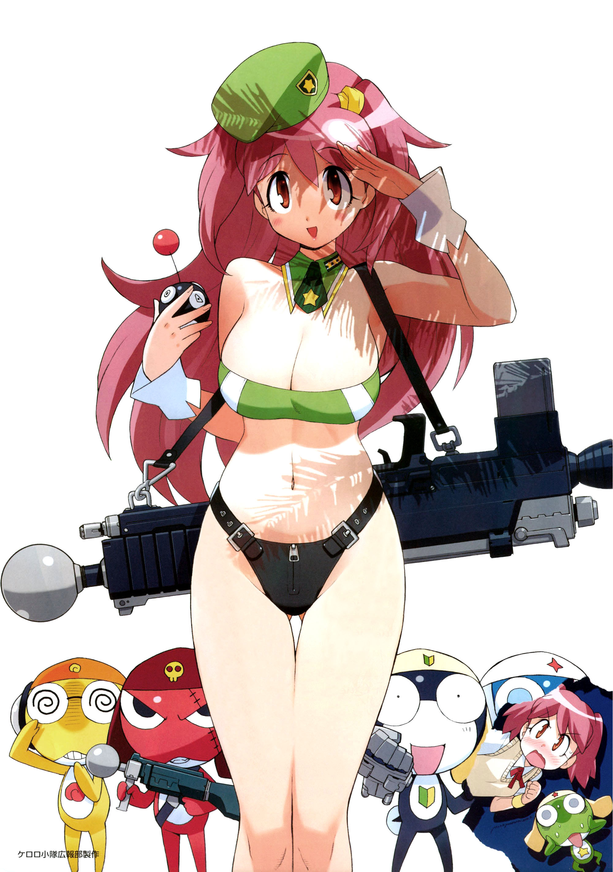 yoshizaki mine, dororo, giroro, hinata natsumi, keroro, kururu (keroro gunsou), tamama, keroro gunsou, absurdres, highres, 2girls, 5boys, aged up, bandeau bikini, bikini, blush, breasts, brown eyes, cleavage, detached collar, glasses, gun, hat, headphones, lipstick, makeup, multiple boys, multiple girls, navel, open mouth, red hair, salute, scar, scar across eye, scar on face, school uniform, skull, solo focus, star (symbol), swimsuit, twintails, weapon, wrist cuffs, zipper