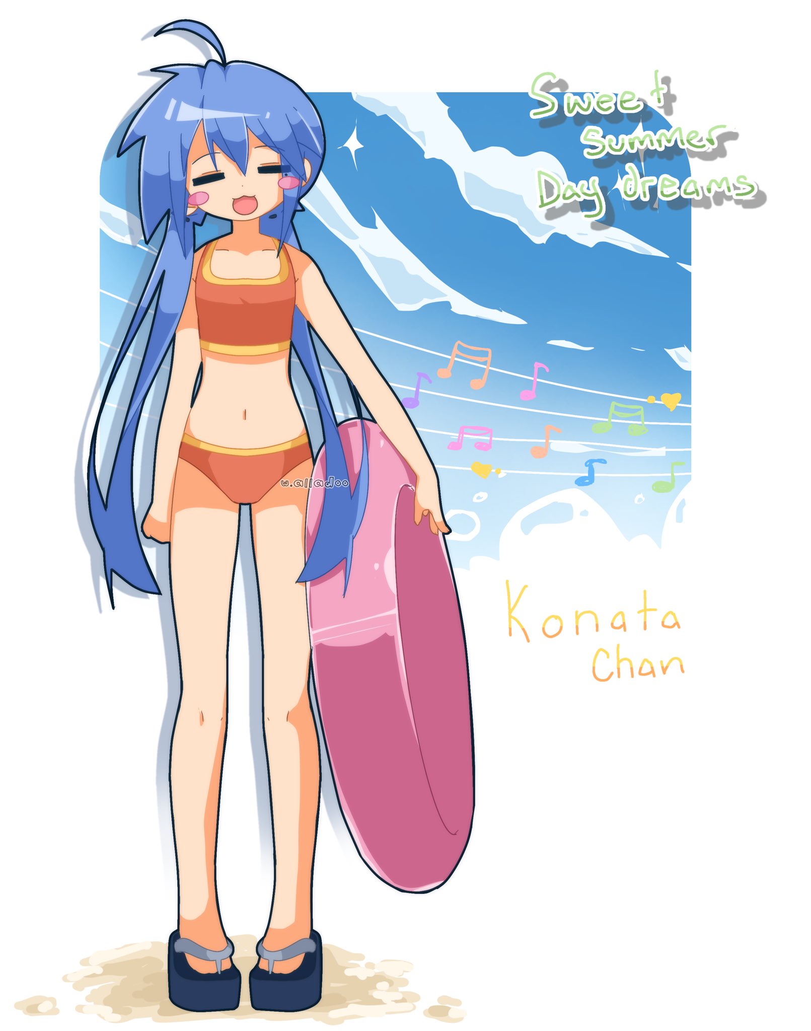thea (w alladoo), izumi konata, lucky star, highres, 1girl, :3, = =, artist name, beamed eighth notes, bikini, blue hair, blush, character name, closed eyes, cloud, cloudy sky, eighth note, long hair, low twintails, musical note, musical staff, navel, orange bikini, platform sandals, sand, sandals, shadow, sky, summer, swim ring, swimsuit, twintails, white background