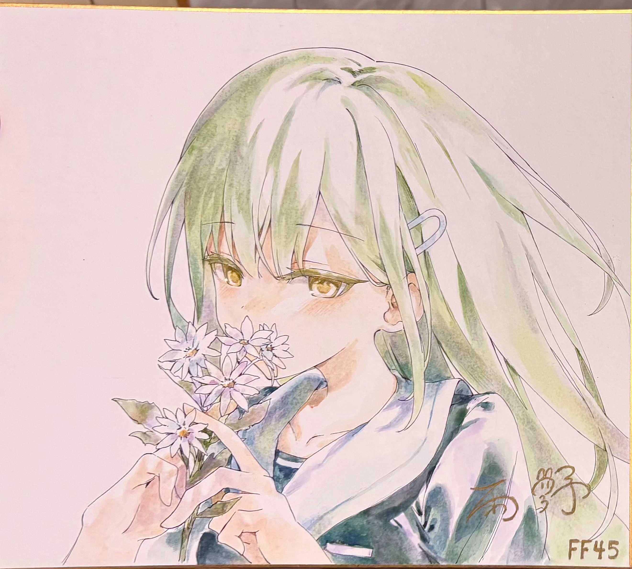 amano (amn amn), wakaba mutsumi, bang dream!, bang dream! it's mygo!!!!!, chinese commentary, commentary request, flower request, highres, traditional media, 1girl, artist name, blue shirt, covered mouth, expressionless, fancy frontier 45, floating hair, flower, flower over mouth, green hair, hair behind ear, hair ornament, hands up, holding, holding flower, light blush, long hair, looking down, portrait, sailor collar, sailor shirt, school uniform, shikishi, shirt, simple background, solo, straight hair, swept bangs, tsukinomori school uniform, white background, white flower, white sailor collar, winter uniform, yellow eyes