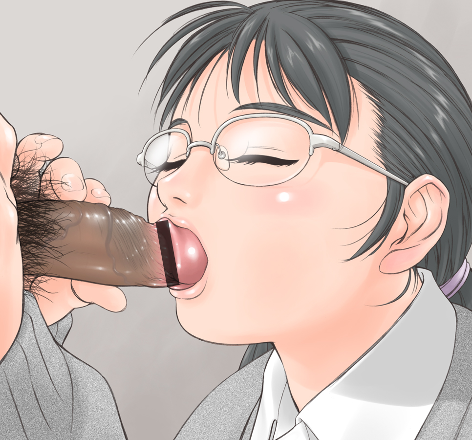 orange brand, original, 1girl, bar censor, black hair, censored, closed eyes, clothed female nude male, fellatio, glasses, hetero, male pubic hair, nude, oral, over-rim eyewear, penis, pointless censoring, ponytail, pubic hair, semi-rimless eyewear, solo focus