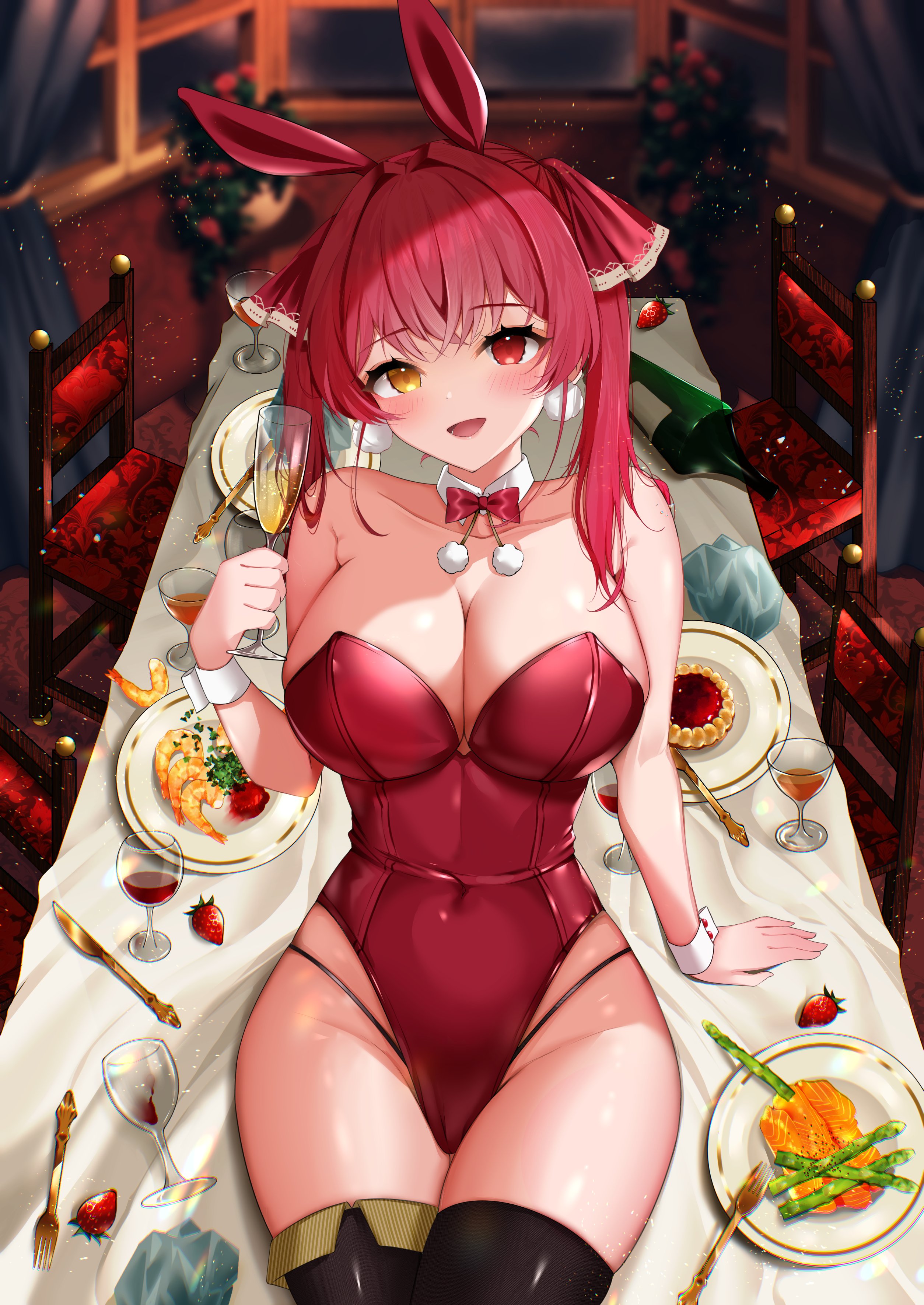 okibari yasu, houshou marine, hololive, absurdres, commentary request, highres, 1girl, :d, alcohol, animal ears, asparagus, bare shoulders, black thighhighs, blush, bottle, bow, bowtie, breasts, bunny day, chair, cleavage, covered navel, cup, dessert, detached collar, drinking glass, earrings, fake animal ears, food, fork, fruit, glint, heterochromia, highleg, highleg leotard, holding, holding cup, jewelry, knife, large breasts, leotard, light particles, looking at viewer, open mouth, plant, plate, playboy bunny, pom pom (clothes), pom pom earrings, potted plant, rabbit ears, red bow, red bowtie, red eyes, red hair, red leotard, salmon, shrimp, sitting, smile, solo, strawberry, table, thighhighs, twintails, virtual youtuber, wrist cuffs, yellow eyes