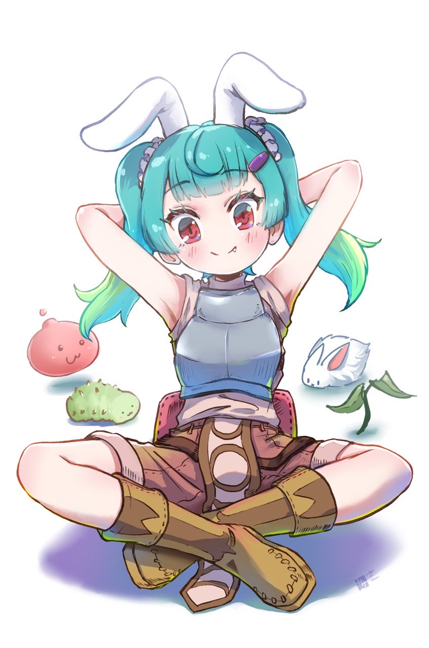 hikari151, lunatic (ragnarok online), novice (ragnarok online), poring, ragnarok online, commentary request, highres, 1girl, :3, animal ears, armor, arms behind head, arms up, blue hair, blunt bangs, blush, boots, breastplate, brown boots, brown shorts, closed mouth, fabre, fake animal ears, fang, fang out, full body, indian style, looking at viewer, medium hair, pelvic curtain, plant, rabbit, rabbit ears, red eyes, shirt, shorts, simple background, sitting, sleeveless, sleeveless shirt, slime (creature), smile, solo, twintails, white background, white shirt
