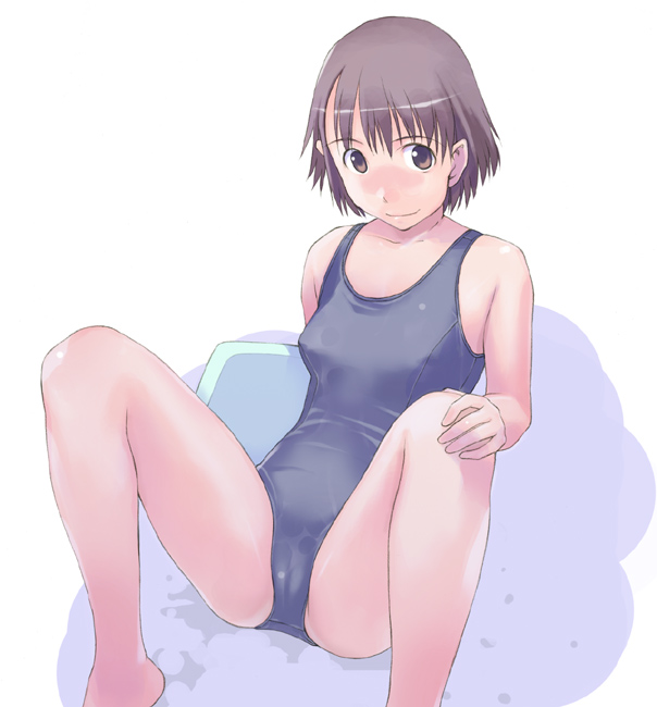 takeda sun, original, 1girl, brown eyes, brown hair, cameltoe, female focus, hand on own knee, kickboard, leaning back, one-piece swimsuit, school swimsuit, sitting, smile, solo, spread legs, swimsuit