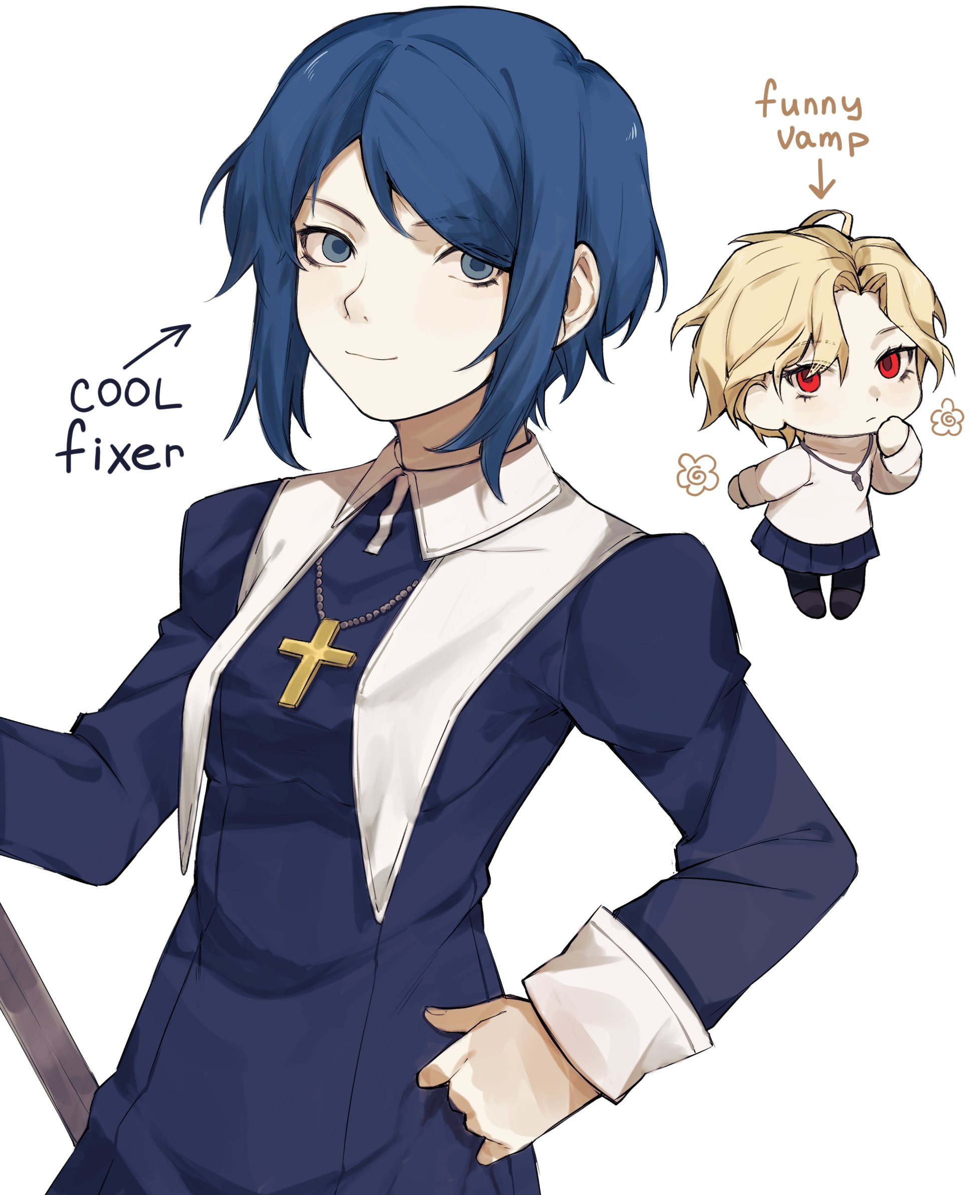 arcueid brunestud, bari (project moon), ciel (tsukihime), limbus company, melty blood, project moon, tsukihime, highres, 1boy, 1girl, alternate costume, arcueid brunestud (cosplay), blonde hair, blue eyes, blue hair, blue shirt, blue skirt, chibi, ciel (tsukihime) (cosplay), cosplay, cowboy shot, cross, cross necklace, english text, flower, jewelry, la manchaland's don quixote (project moon), necklace, nun, red eyes, shirt, short hair, simple background, skirt, smile, white background, white shirt, widosya