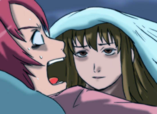 fujino shizuru, saeki kayako, yuuki nao, my-hime, the grudge, 2girls, multiple girls, parody, surprised, sweatdrop, under covers, you gonna get raped, yuri
