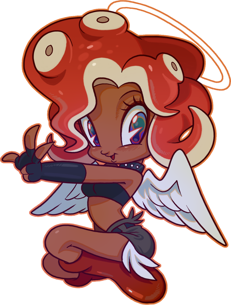 roachgore, tofu (roachgore), nintendo, original, splatoon (series), 1girl, angel, angel wings, breasts, cephalopod eyes, cutoffs, dark-skinned female, dark skin, eyelashes, fingerless gloves, gloves, halo, looking at viewer, multicolored hair, octoling, red hair, smile, solo, suction cups, tentacle hair, wings