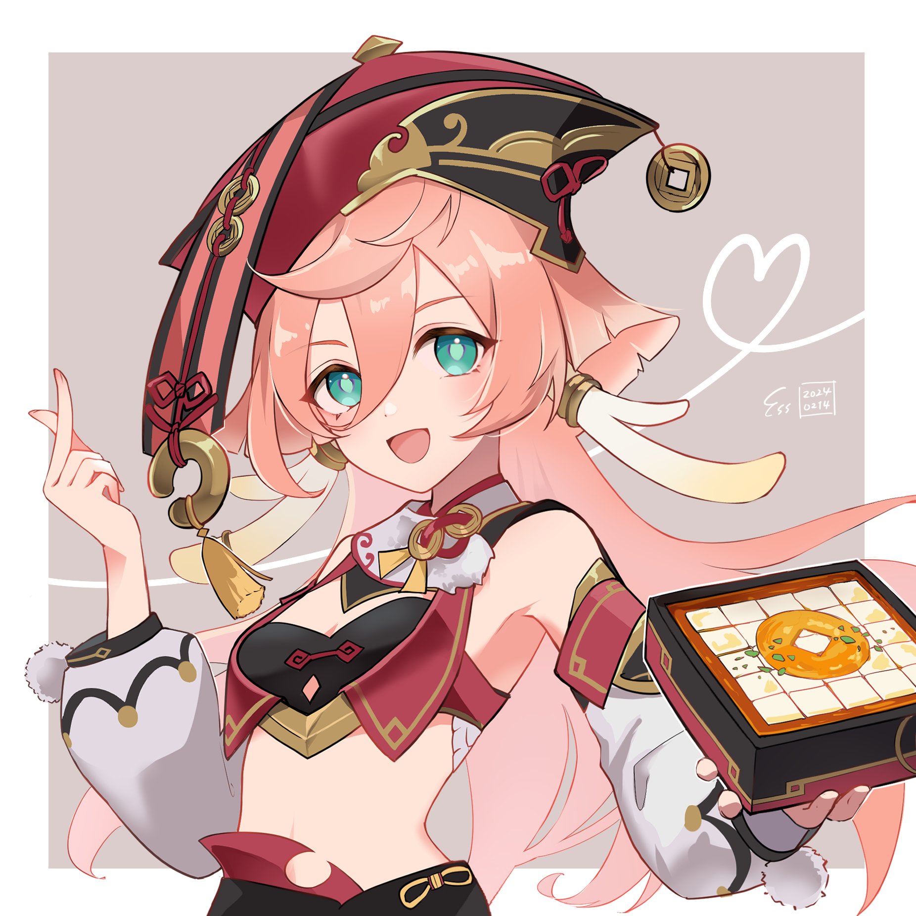 pinocle, yanfei (genshin impact), genshin impact, hashtag-only commentary, highres, 1girl, antlers, aqua eyes, border, box, breasts, brown background, crop top, deer antlers, detached sleeves, finger heart, hat, holding, holding box, horns, looking at viewer, midriff, open mouth, outside border, pink hair, red hat, small breasts, smile, solo, white border, white sleeves, xiezhi guan