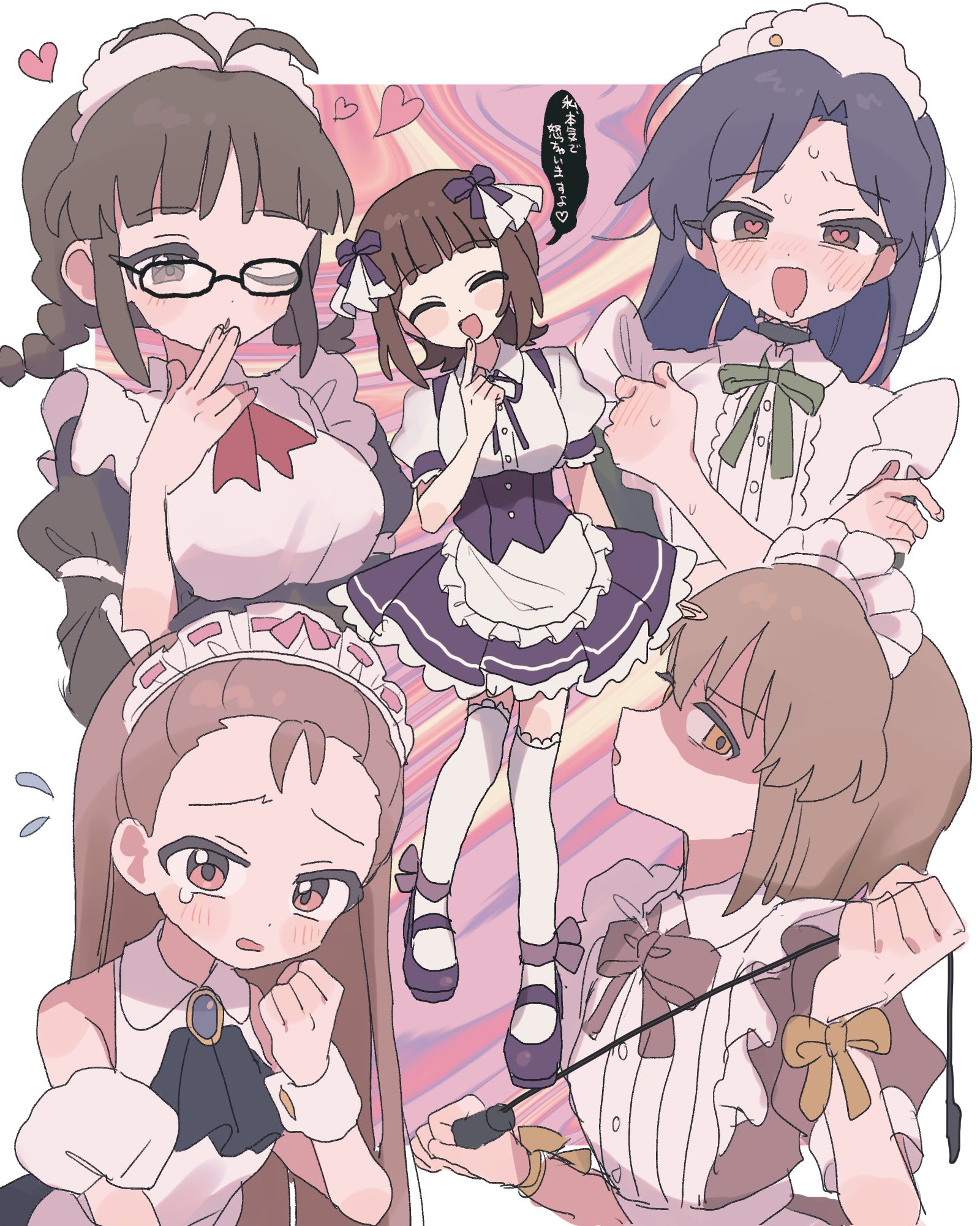 pnt 0202, akizuki ritsuko, amami haruka, hagiwara yukiho, kisaragi chihaya, minase iori, idolmaster, idolmaster (classic), highres, translation request, 5girls, antenna hair, apron, blue hair, bow, bowtie, brown eyes, brown hair, closed eyes, dress, flying teardrops, hair bow, heart, heart-shaped pupils, long hair, maid, maid apron, maid headdress, multiple girls, multiple hair bows, open mouth, puffy short sleeves, puffy sleeves, short hair, short sleeves, smile, speech bubble, symbol-shaped pupils, waist apron, white apron