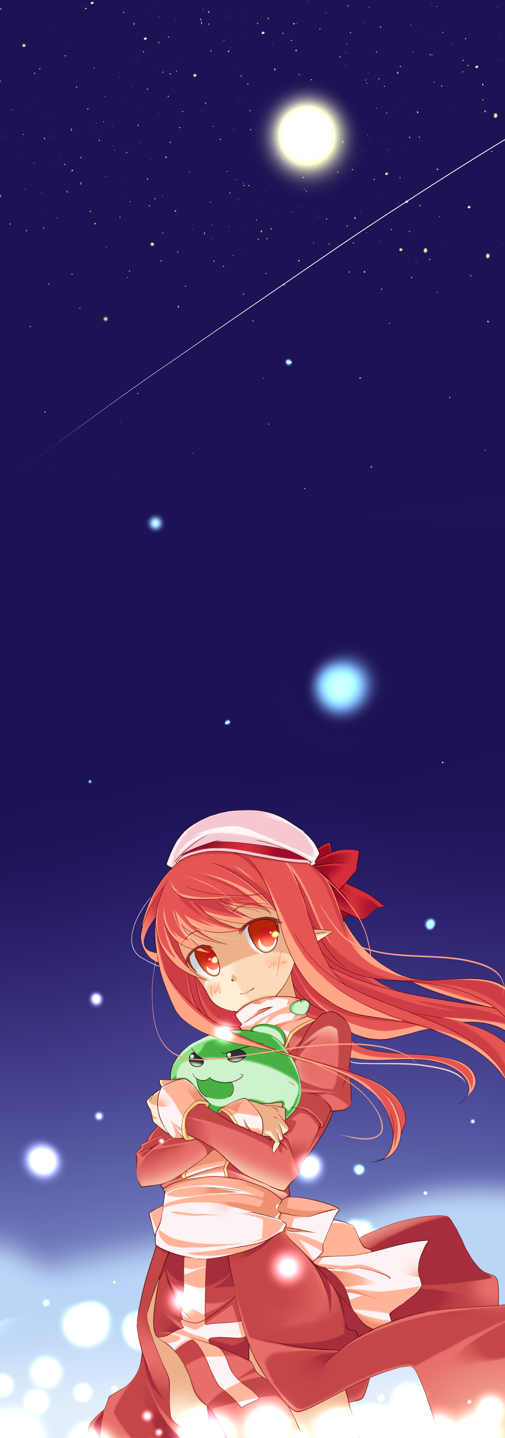 tachibana (tach011194), high priest (ragnarok online), poporing, ragnarok online, absurdres, commentary request, highres, 1girl, 2000s (style), beret, blush, closed mouth, cowboy shot, creature, dress, full moon, hat, holding, holding creature, juliet sleeves, long hair, long sleeves, looking at viewer, moon, night, night sky, outdoors, pink eyes, pink hair, pointy ears, puffy sleeves, purple sky, red dress, sash, shooting star, sky, slime (creature), smile, solo, star (sky), starry sky, two-tone dress, white dress, white hat, white sash