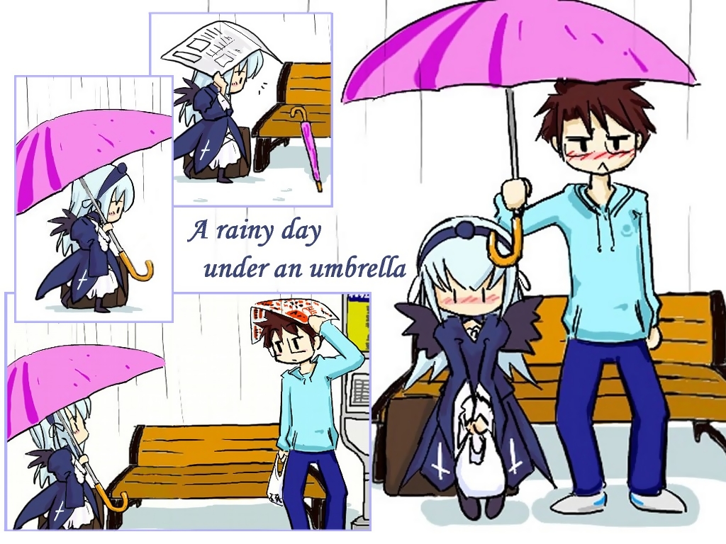 sakurada jun, suigintou, rozen maiden, 00s, :<, ai ai gasa, blue hair, blush, brown hair, rain, shared umbrella, umbrella, | |