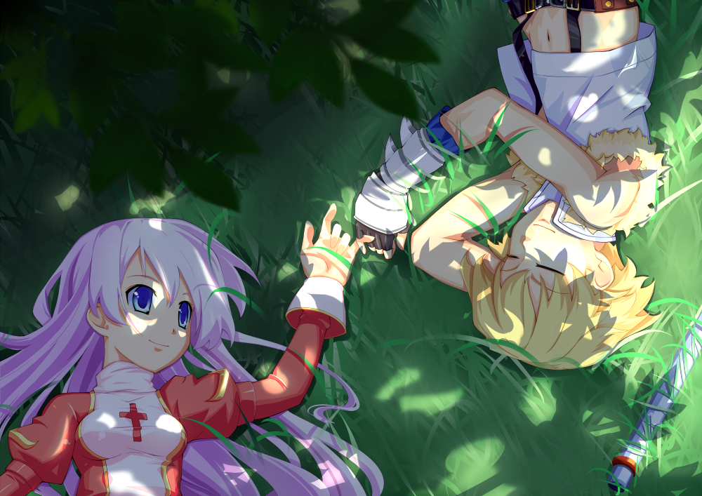 tachibana (tach011194), high priest (ragnarok online), whitesmith (ragnarok online), ragnarok online, commentary, symbol-only commentary, 1boy, 1girl, 2000s (style), belt, black belt, black gloves, blonde hair, blue eyes, breasts, closed mouth, crop top, cross, dappled sunlight, dress, fingerless gloves, fur-trimmed shirt, fur trim, gloves, grass, juliet sleeves, long hair, long sleeves, looking at another, looking to the side, lying, medium breasts, navel, on back, on ground, open clothes, open shirt, outdoors, pinky swear, puffy sleeves, purple hair, red dress, shirt, short hair, sleeveless, sleeveless shirt, smile, sunlight, suspenders, tree, two-tone dress, upper body, vambraces, white dress, white shirt