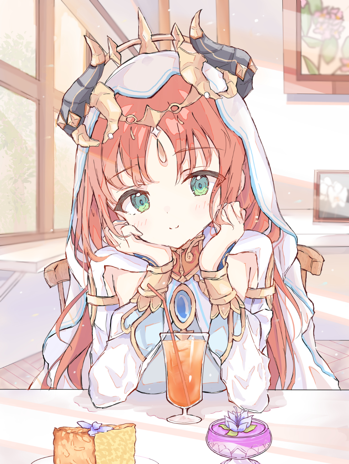 wata (watashi j), nilou (genshin impact), genshin impact, commentary request, highres, partial commentary, 1girl, black horns, blue brooch, brooch, cake, cake slice, closed mouth, cup, drink, drinking straw, fake horns, food, green eyes, hand on own cheek, hand on own face, harem outfit, head rest, horns, indoors, jewelry, long hair, looking at viewer, pov across table, red hair, sitting, smile, solo, veil, white veil