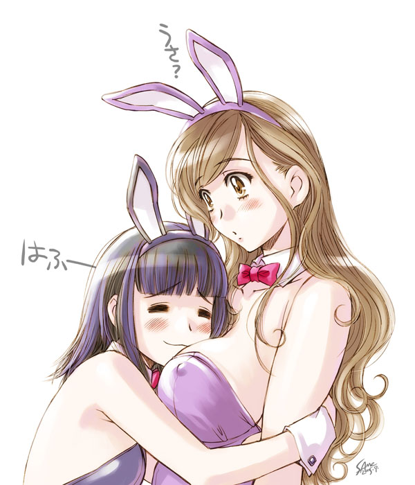 sameha ikuya, nijou noriko, toudou shimako, maria-sama ga miteru, 00s, 2girls, animal ears, blue hair, blush, bow, bowtie, breasts, brown eyes, brown hair, covered erect nipples, fake animal ears, large breasts, leotard, long hair, multiple girls, playboy bunny, rabbit ears, wrist cuffs, yuri