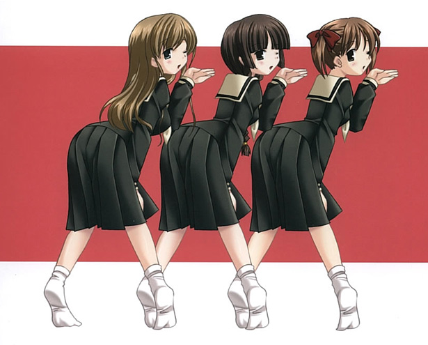 shikato miyo, fukuzawa yumi, shimazu yoshino, toudou shimako, jinki, maria-sama ga miteru, white legwear, 3girls, ;o, ass, black shirt, black skirt, blonde hair, blowing kiss, blunt bangs, blush, border, bow, breasts, brown eyes, brown hair, crossover, from behind, full body, green eyes, hair bow, large breasts, leaning forward, long sleeves, looking at viewer, looking back, multiple girls, no shoes, one eye closed, open mouth, parody, pleated skirt, red background, red bow, sailor collar, school uniform, shirt, simple background, skirt, small breasts, two side up, white border