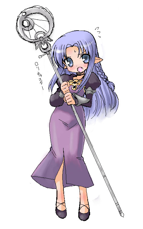 nakamura hisashi, medea (caster) (fate), medea (fate), fate/stay night, fate (series), 00s, 1girl, dress, female focus, hecate's staff (fate), long dress, long hair, pointy ears, solo, staff